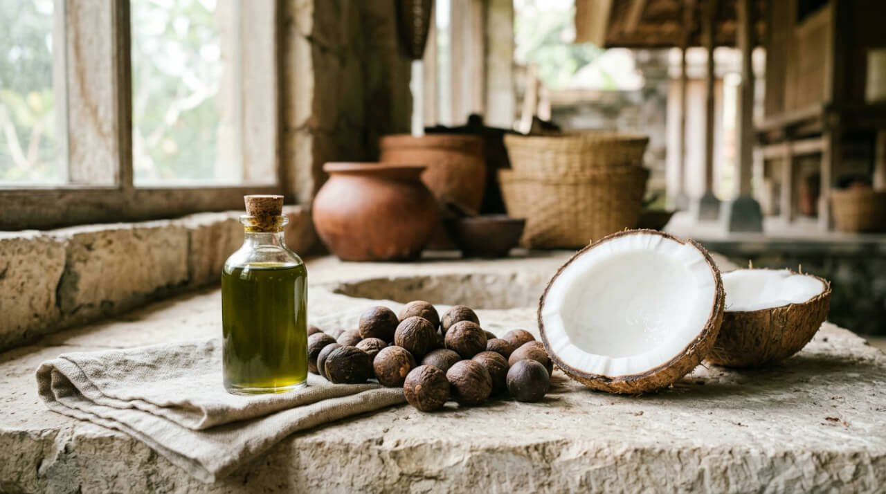 Tamanu oil and coconut on linen and stone, gentle carrier oils for eczema-prone skin