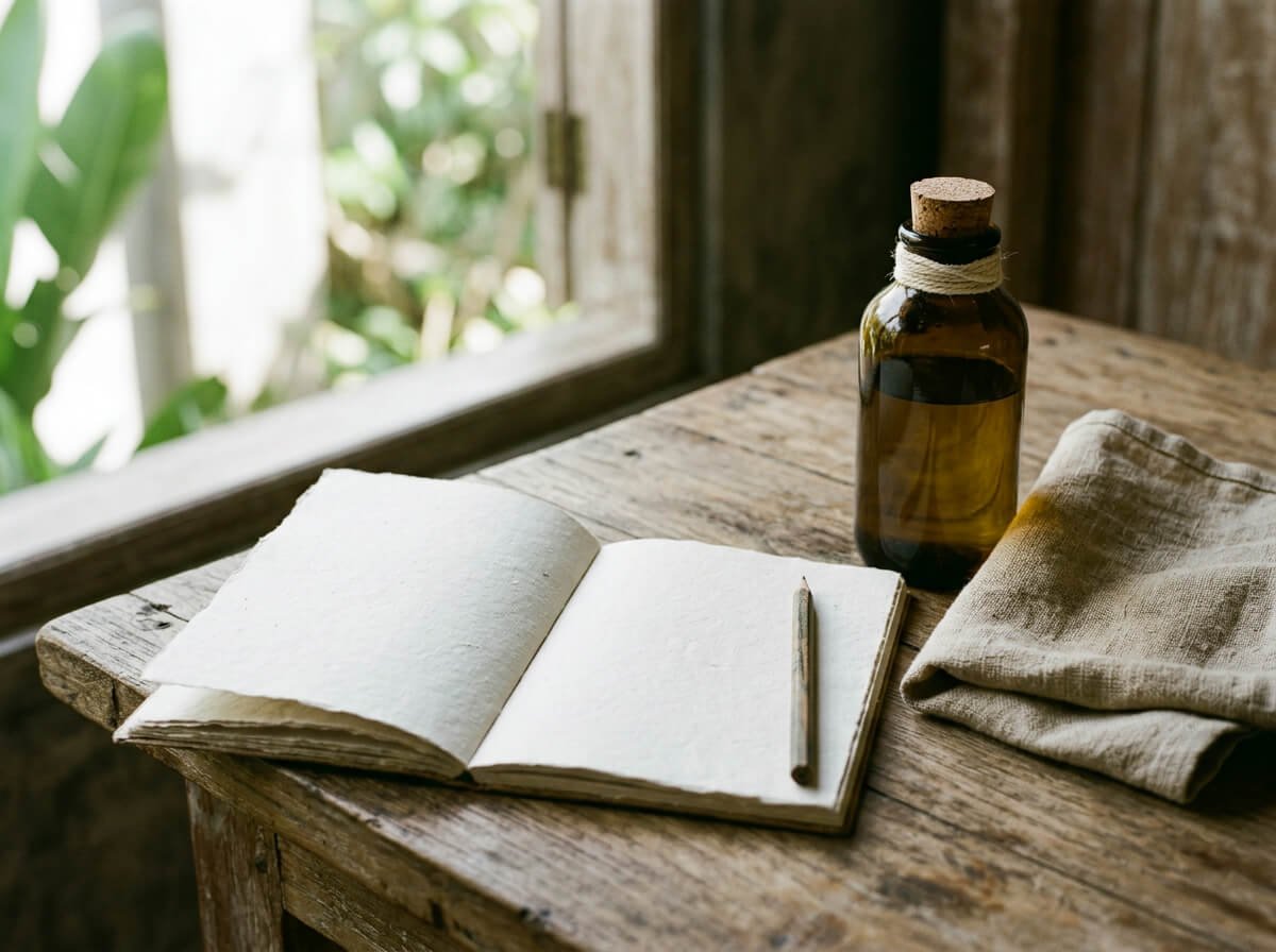 A blank skin diary beside a closed bottle of oil