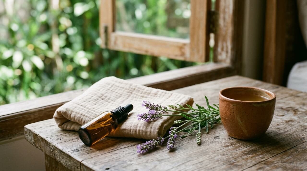 Essential oils and breastfeeding, a calm still life of amber oil bottle, muslin cloth, and ginger tea