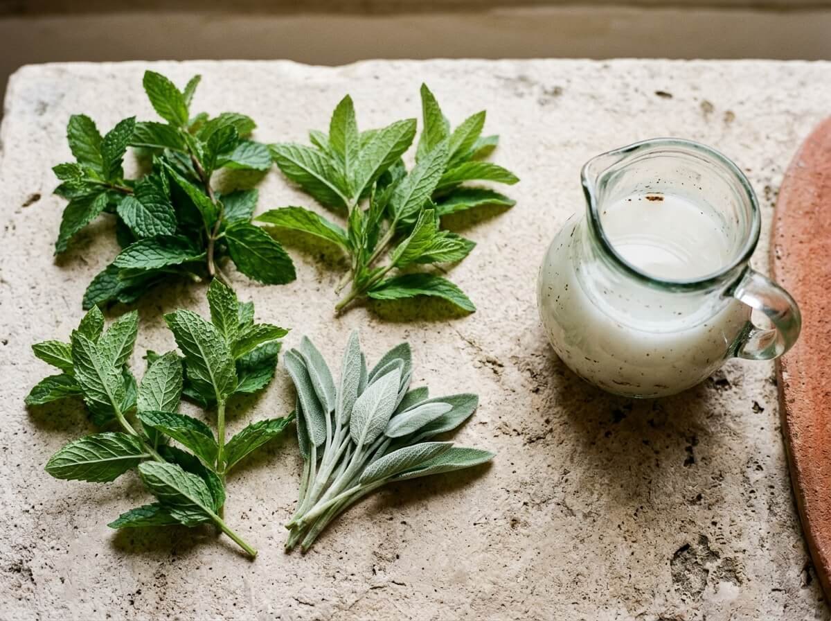 Peppermint, spearmint, and sage leaves, herbs that may lower milk supply