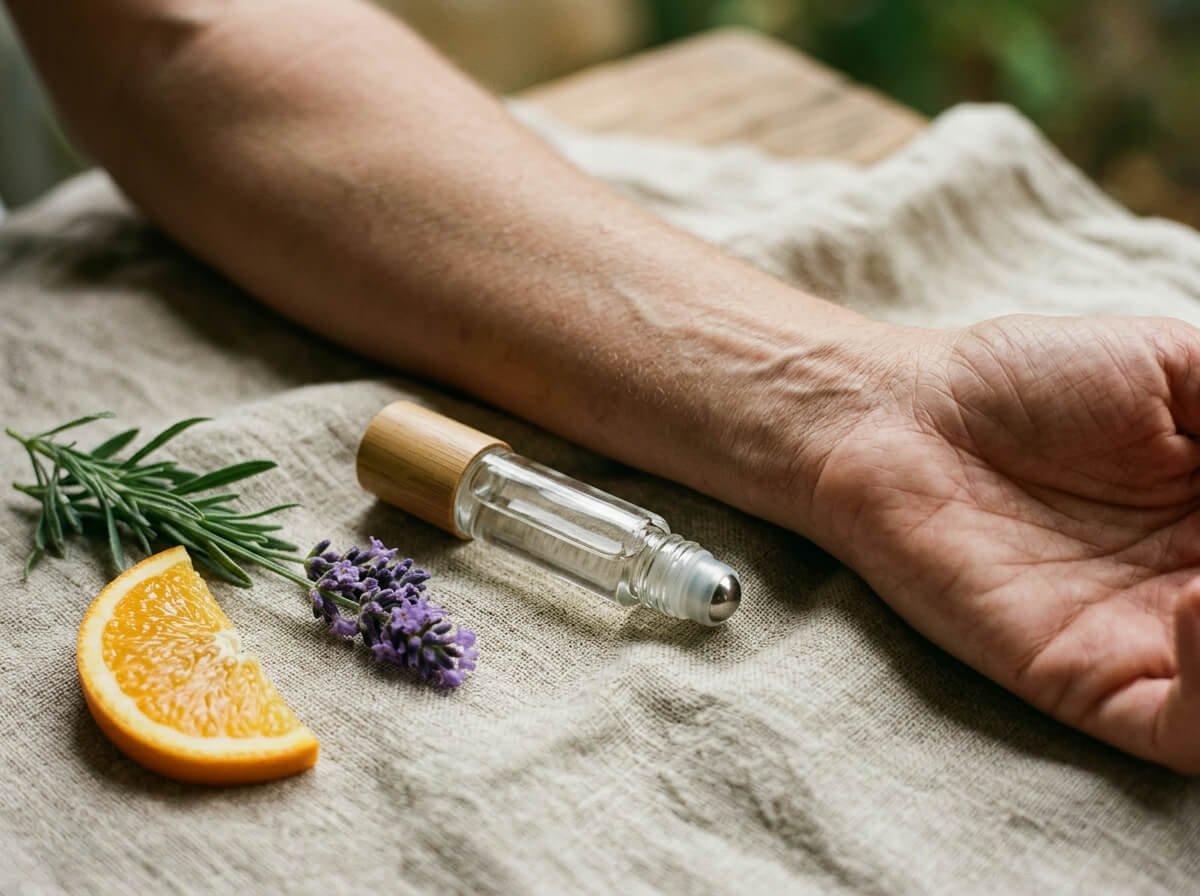 A pre-diluted essential oil roller resting beside an adult wrist