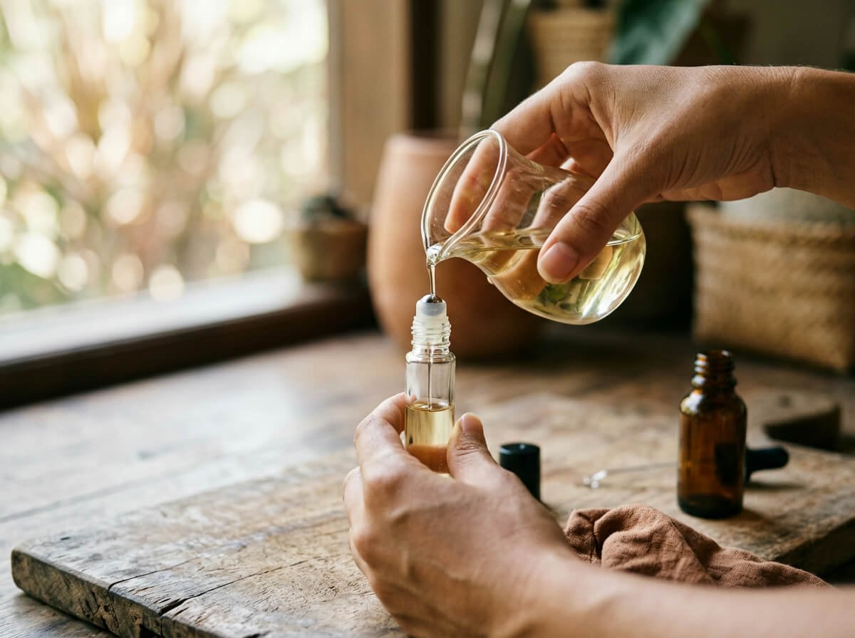 Mixing a diluted essential oil roller for bug bite relief
