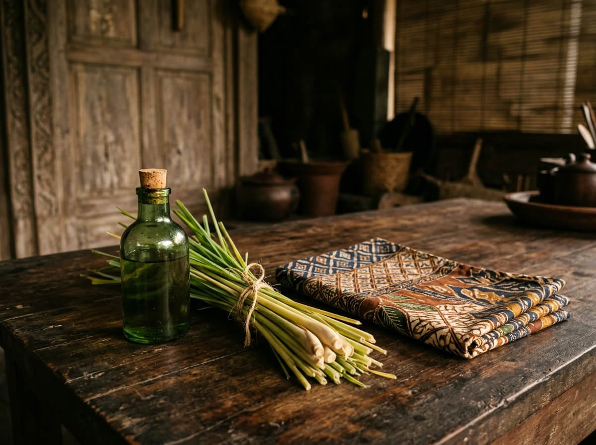Cajeput oil and lemongrass, a familiar after-bite ritual in Indonesian homes