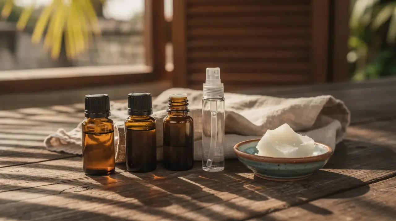 Essential oils and a roller bottle on a teak table for calming bug bites