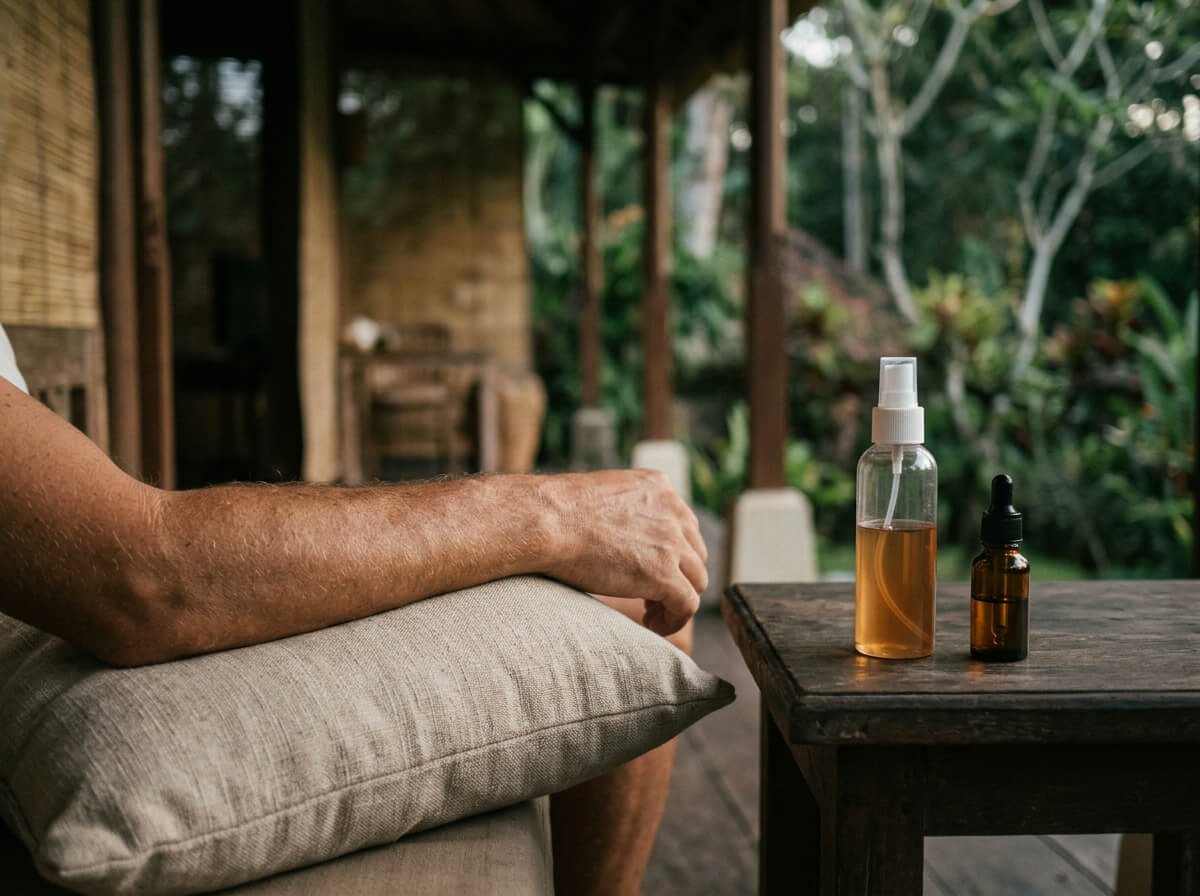 A bug spray for prevention beside an essential oil for after-bite relief