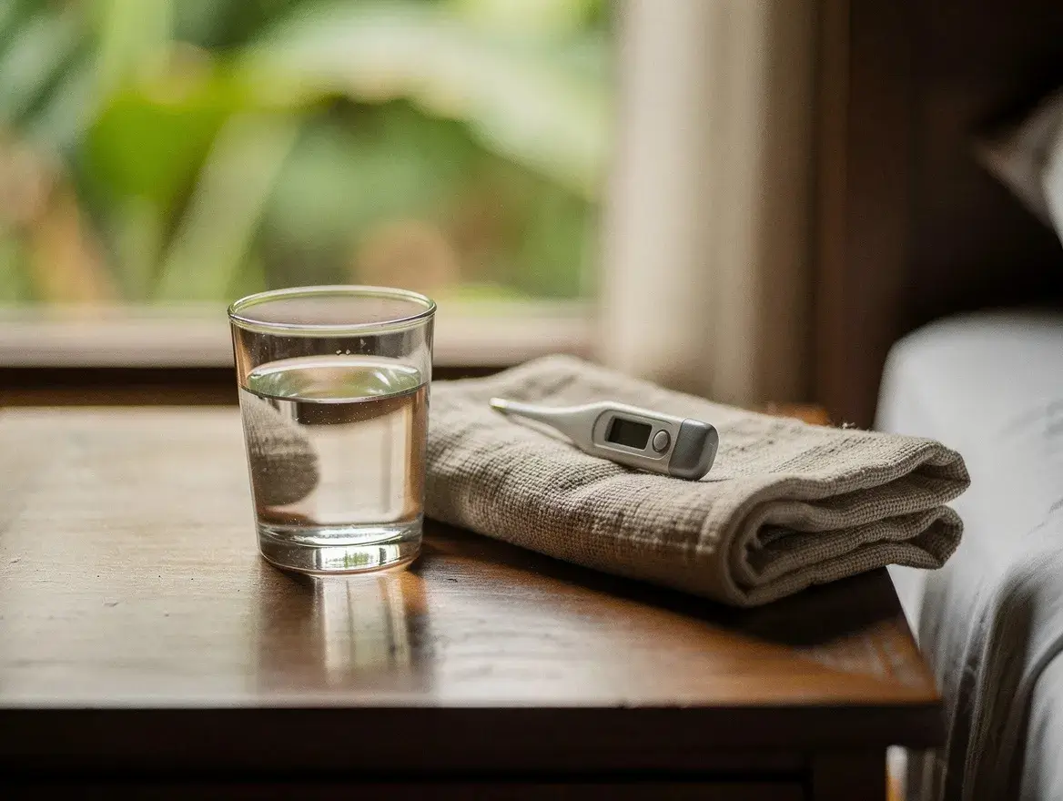 A thermometer and water on a bedside table, a reminder to watch for fever after a bite