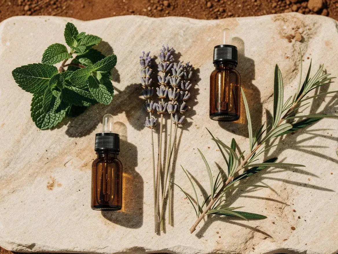 Essential oils for bug bites: mint, lavender, and tea tree laid out as three groups