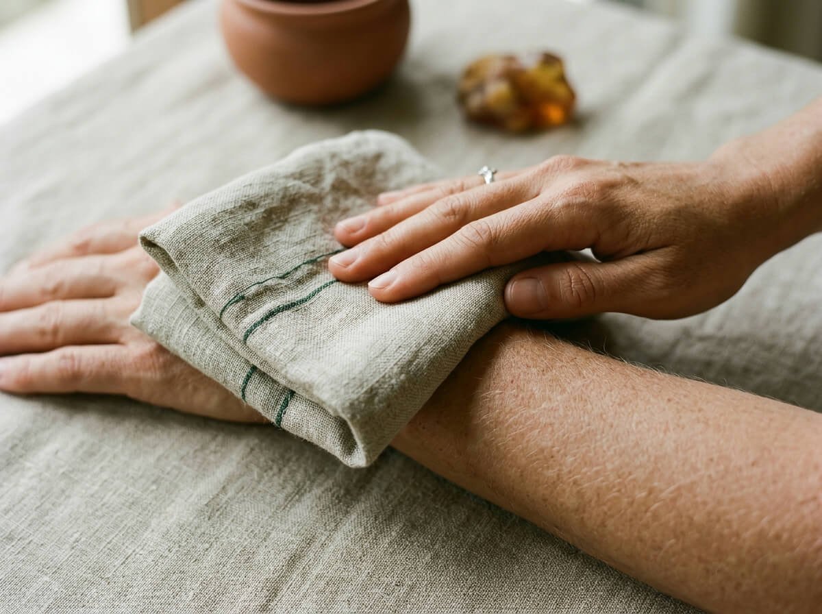 A cool cloth resting on an itchy mosquito bite on a forearm