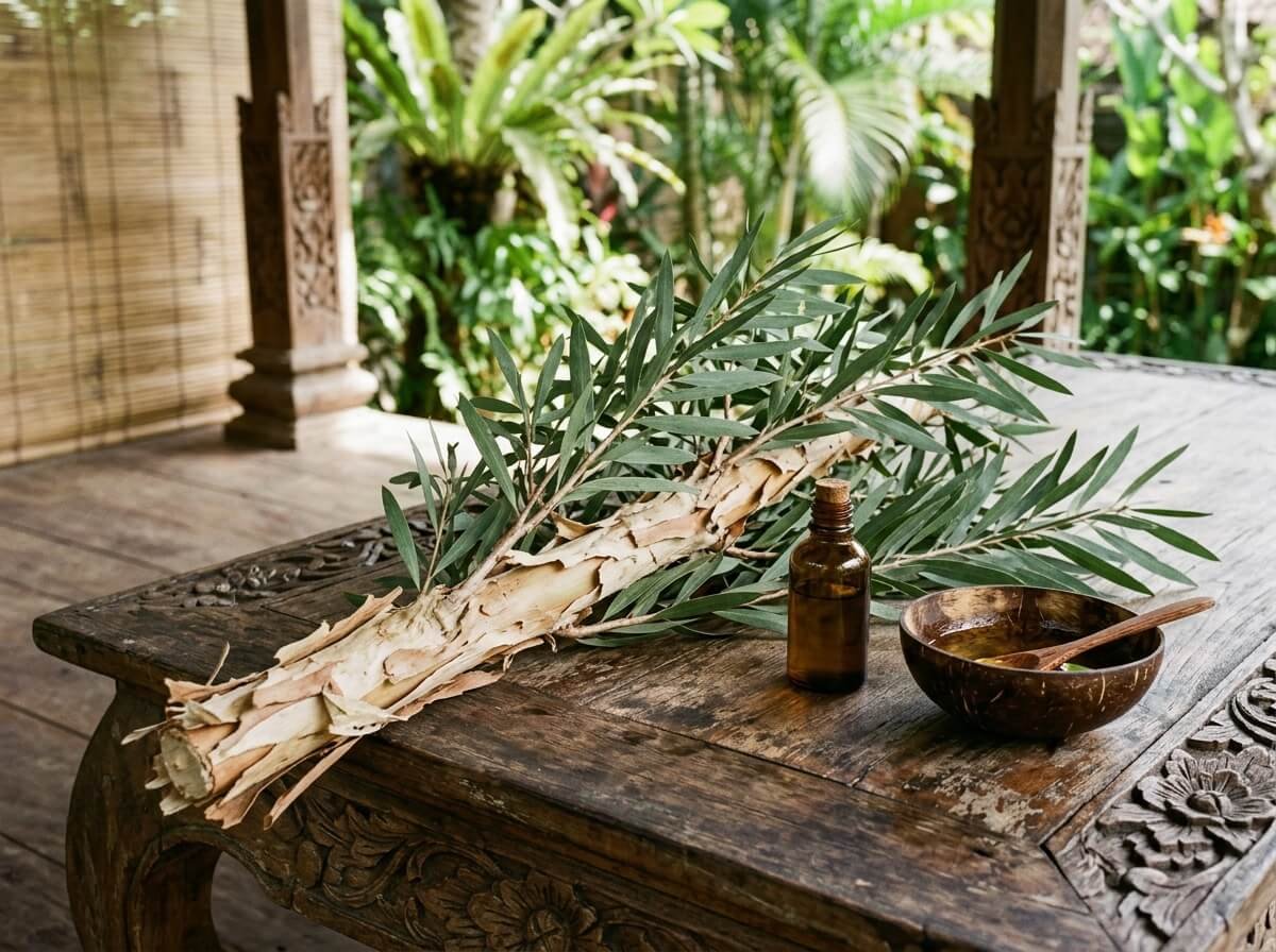 Cajeput branch and coconut oil reflecting Indonesian scalp-oiling heritage