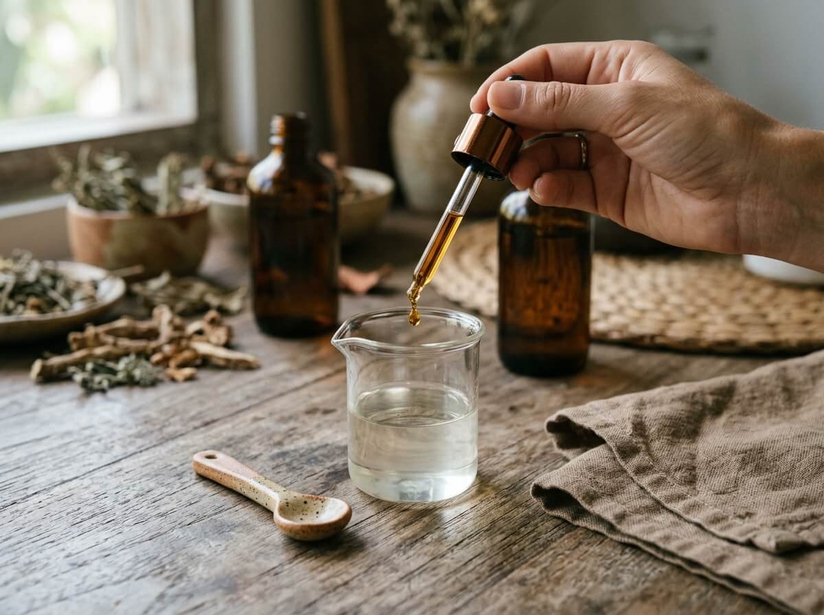 Diluting an essential oil drop into carrier oil for safe scalp use