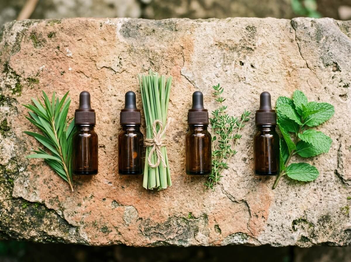 Essential oils for dandruff: tea tree, lemongrass, thyme, and mint with their plants