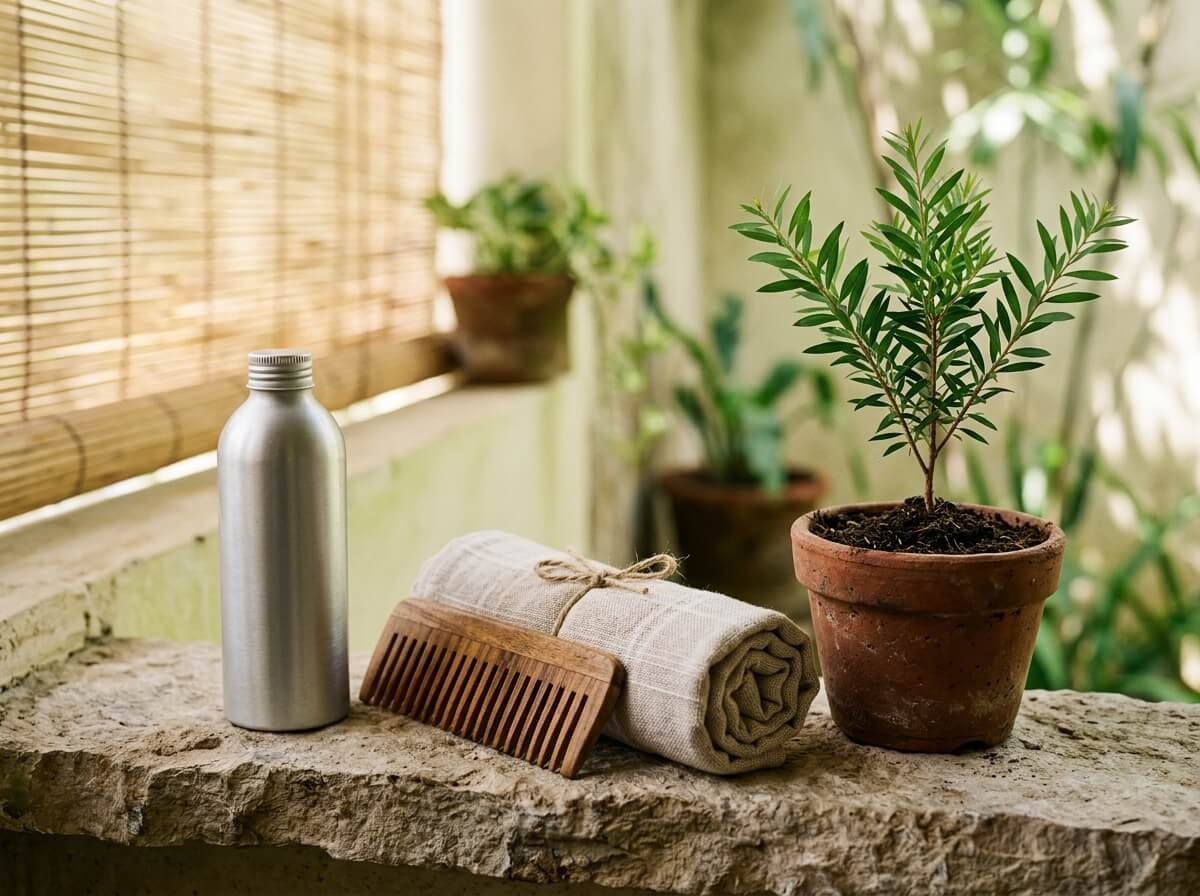 Aluminum shampoo bottle, comb, and towel for a weekly anti-dandruff routine