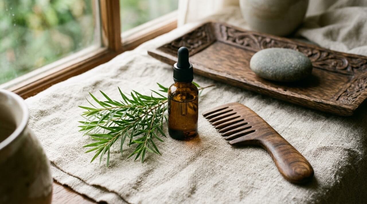 Tea tree essential oil, fresh leaves, and a wooden comb on linen for scalp care