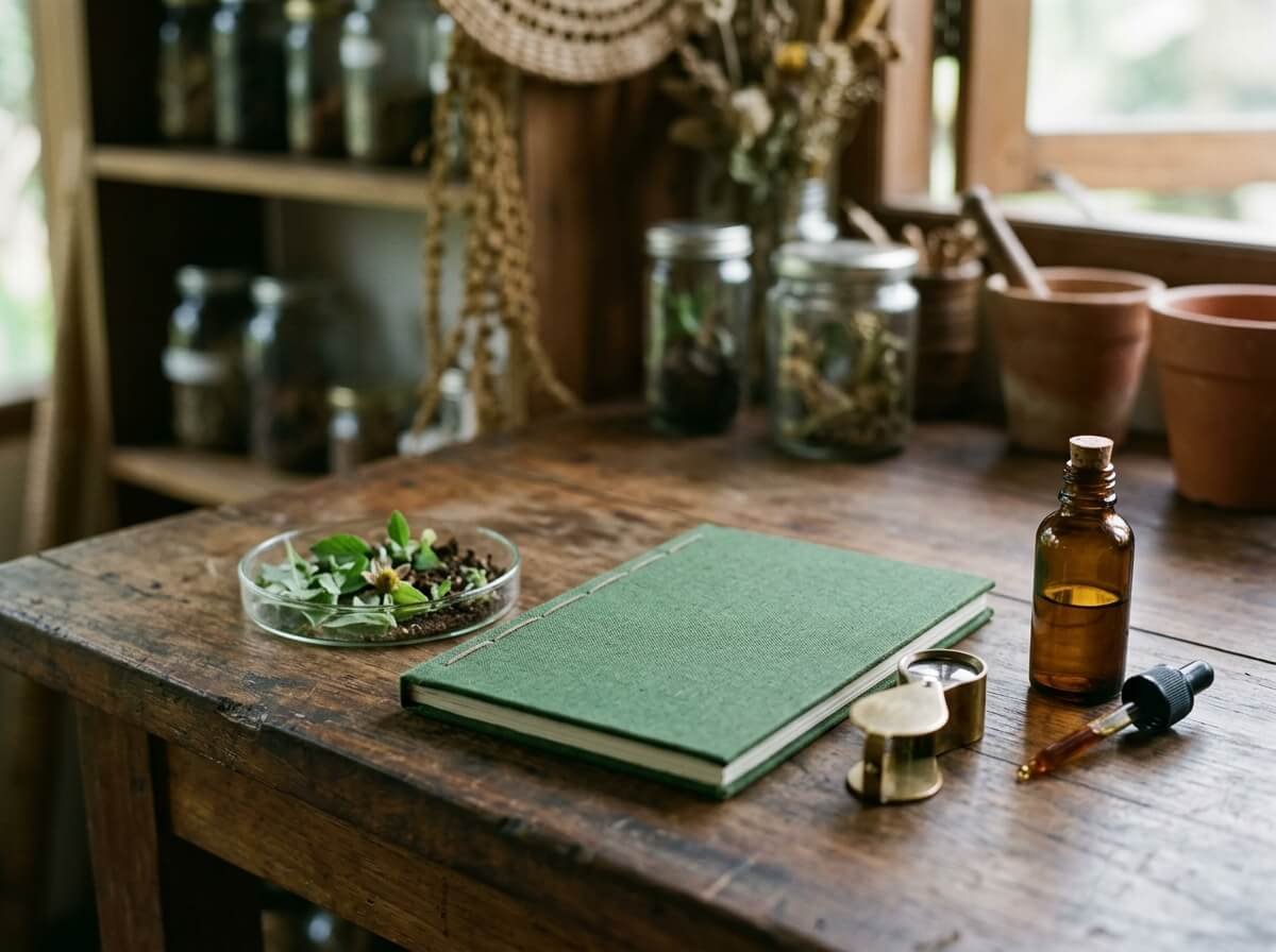 Botanical study of scalp yeast and sebum with a petri dish and notebook