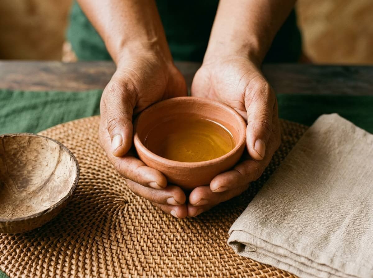 Warming a carrier oil in the hands before a scalp oiling ritual