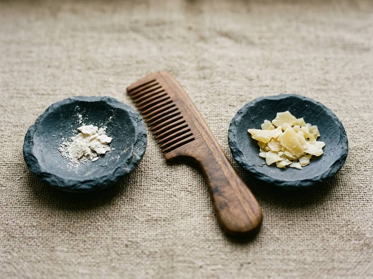 Dandruff flakes compared with dry scalp flakes in two stone dishes