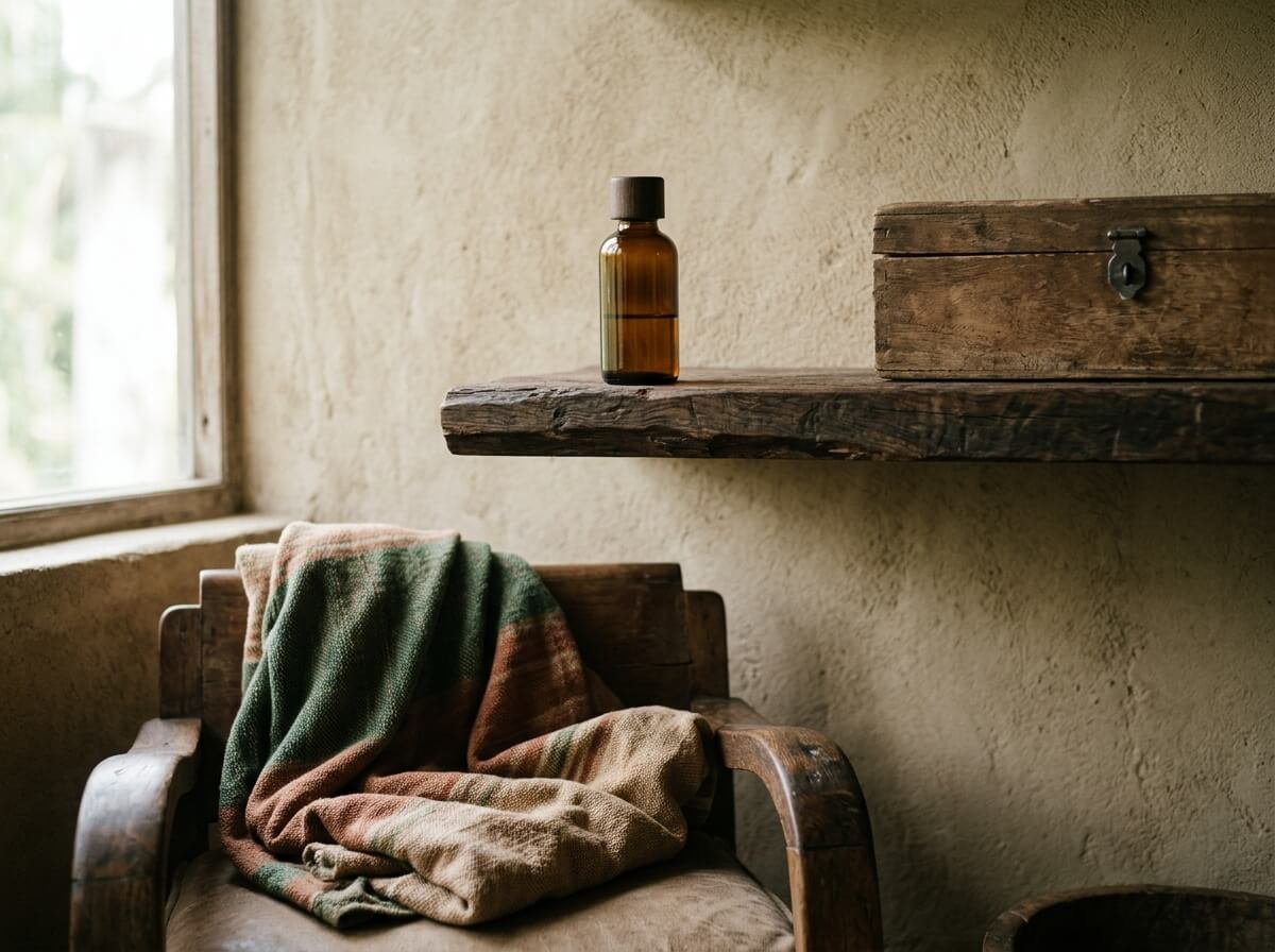 Essential oil bottle stored high on a shelf away from children
