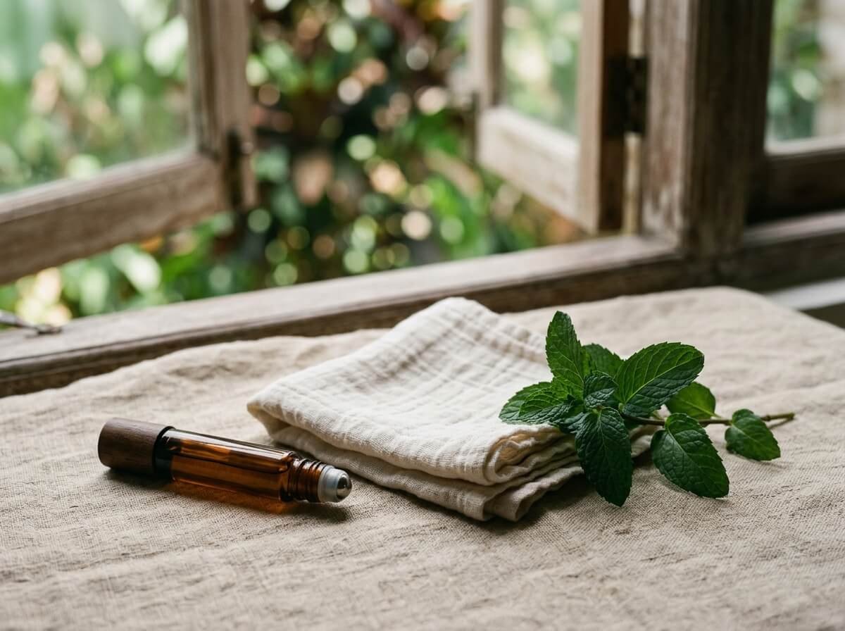 Mint sprig, roller bottle, and handkerchief for answering common headache aromatherapy questions
