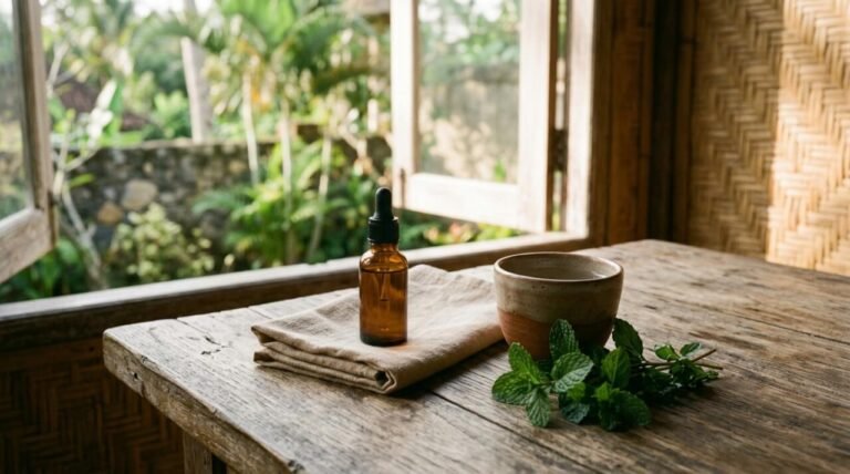 Amber essential oil bottle, fresh mint, and linen cloth on a teak table for headache relief