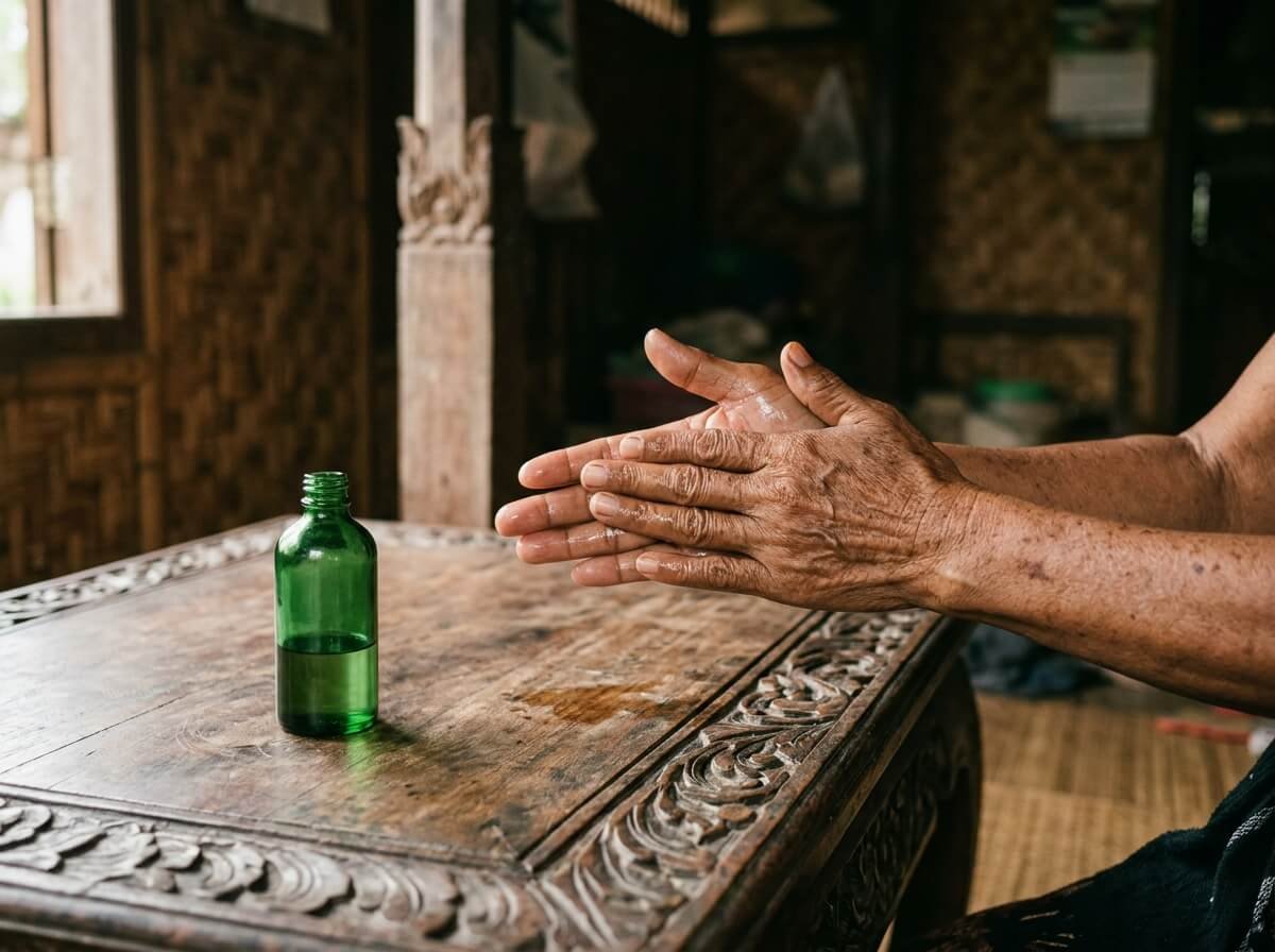 Hands warming kayu putih oil, the Indonesian household headache ritual