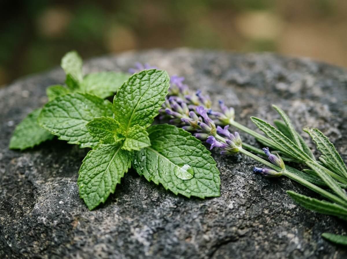 Fresh mint and lavender sprigs on stone showing how essential oils ease head pain
