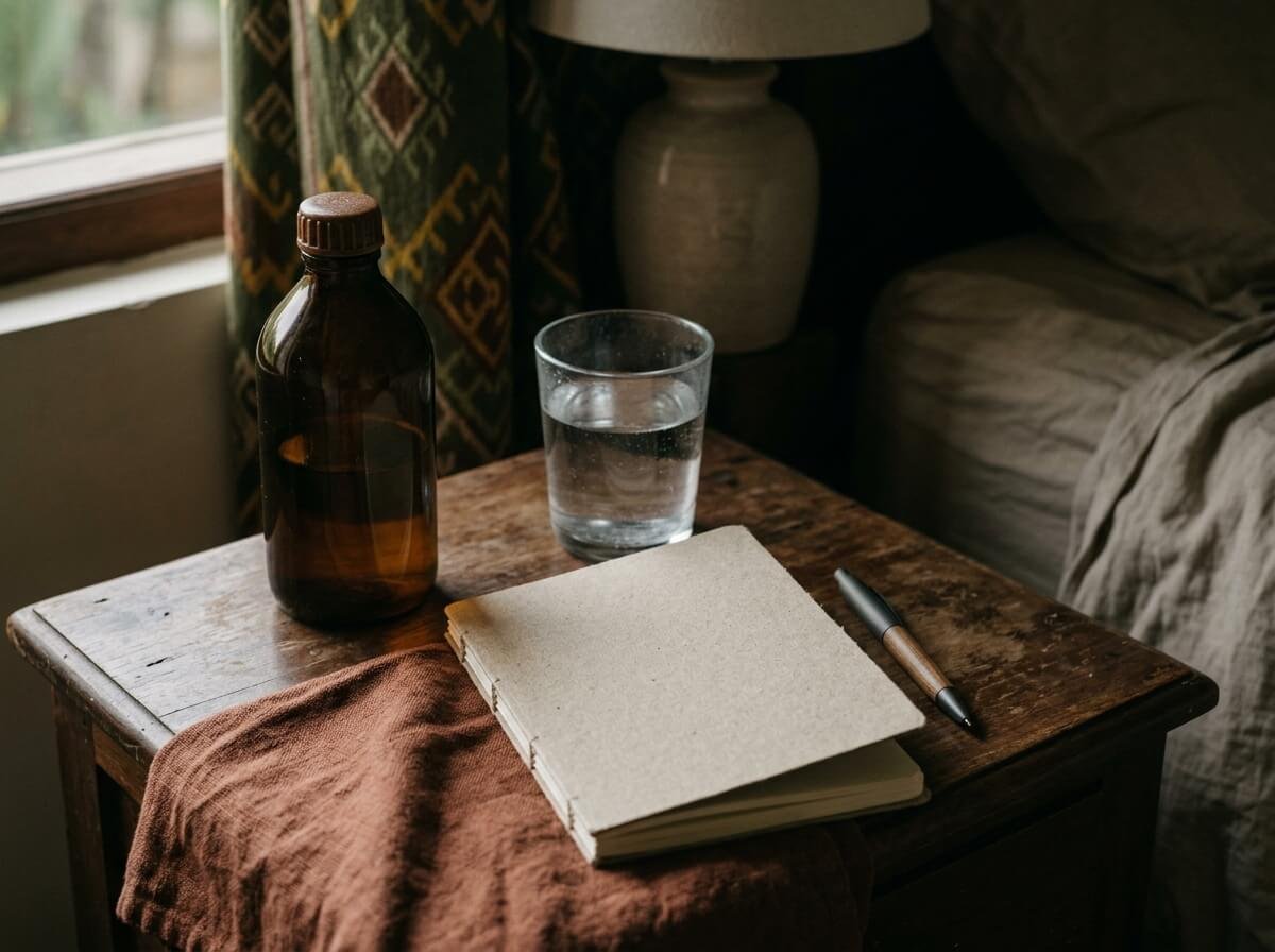 Essential oil bottle set aside next to a notebook for tracking headache red flags