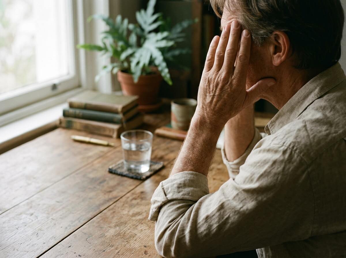 Person pressing their temples at a desk during a tension headache