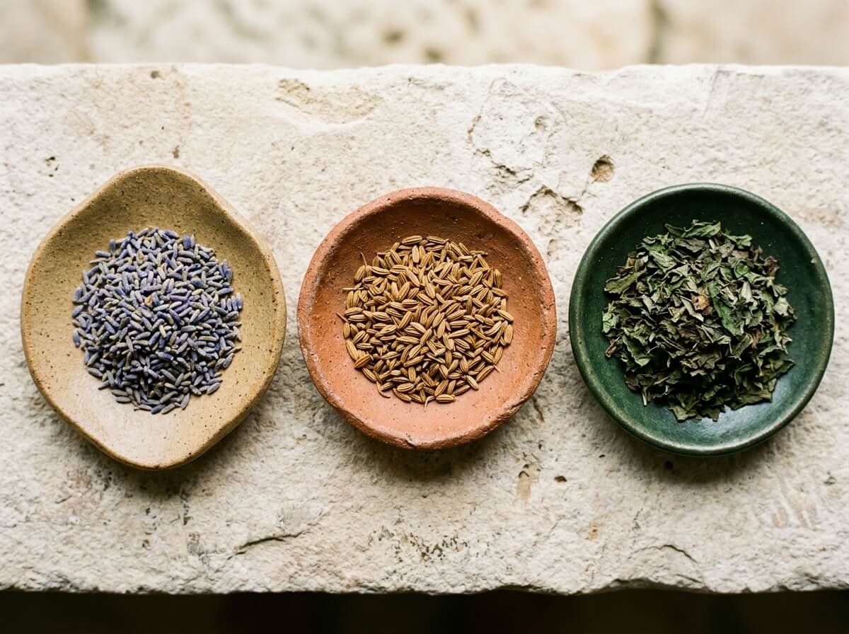 Dried lavender, fennel seed, and spearmint in small ceramic dishes