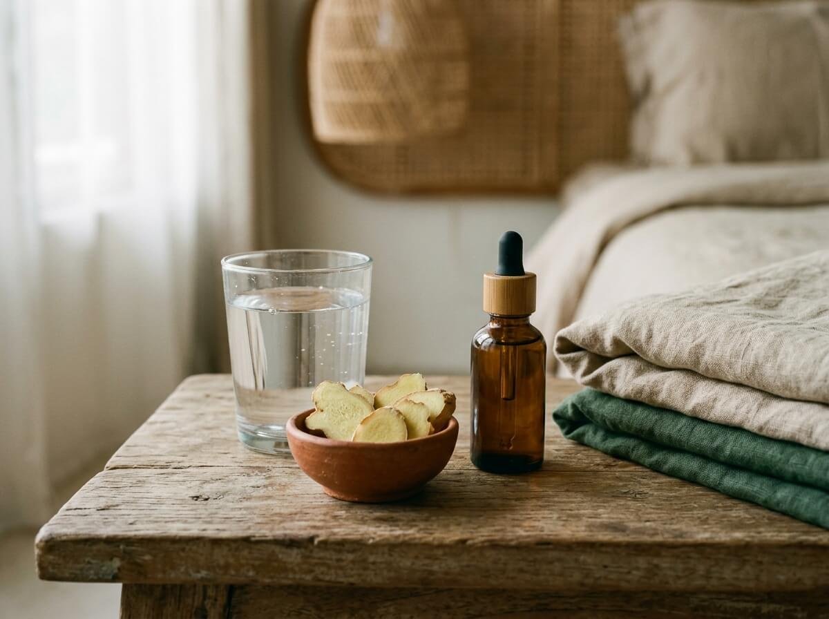 Water, fresh ginger, and essential oil on a bedside table for resting through nausea