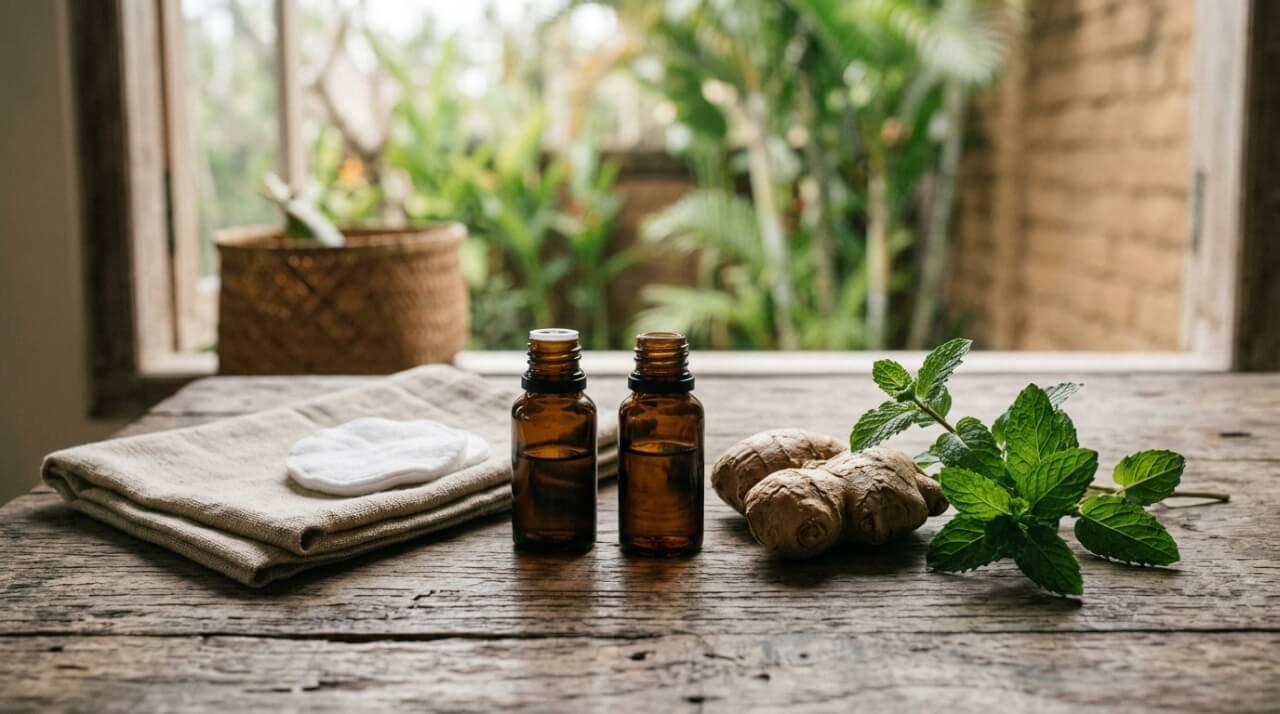 Ginger and mint essential oils with fresh ginger root and mint leaves on a teak table