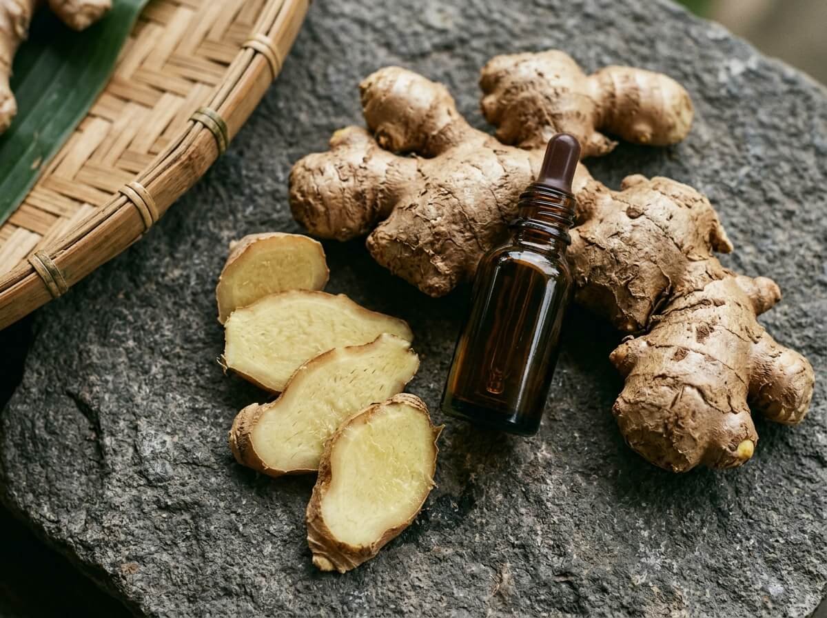 Fresh Indonesian ginger root, jahe, beside a small bottle of ginger essential oil