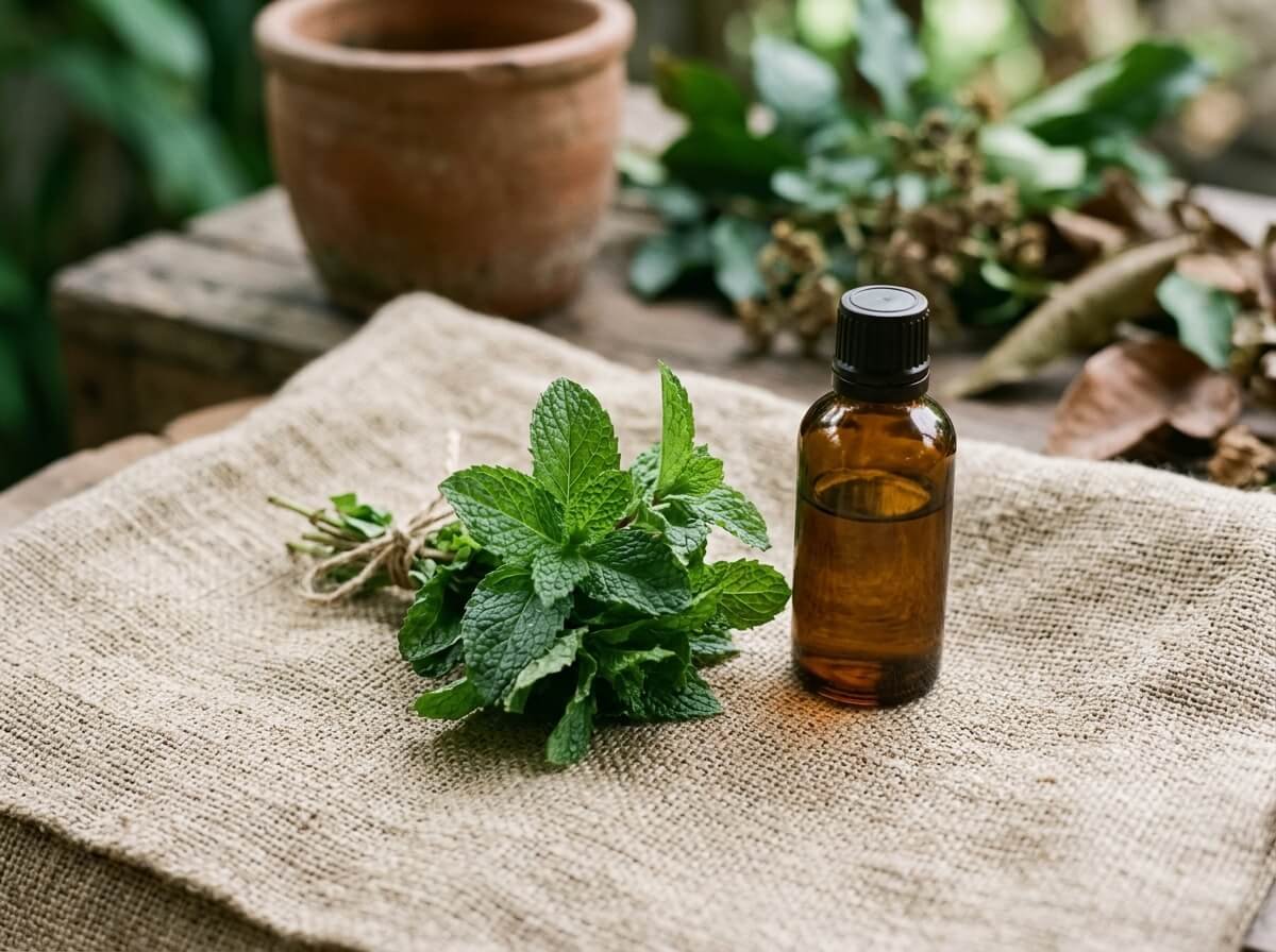 Fresh mint leaves and a bottle of mint essential oil on linen