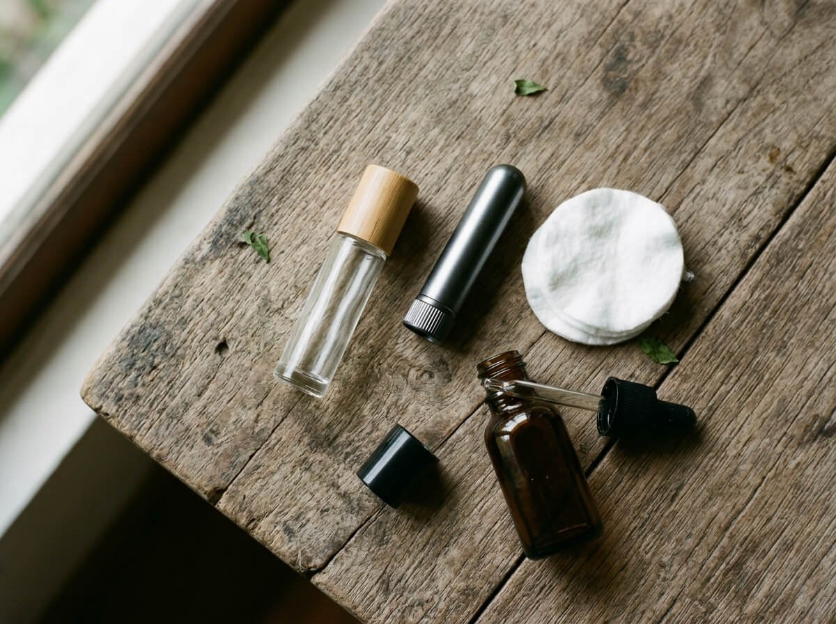 Safe ways to inhale essential oils: roller bottle, personal inhaler, and cotton pads