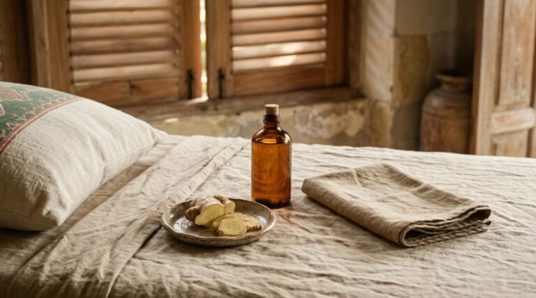 Warming oil, fresh ginger, and a folded linen compress ready for a gentle belly massage
