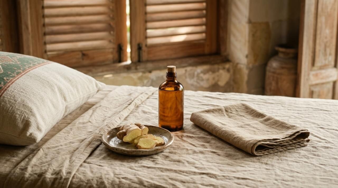 Warming oil, fresh ginger, and a folded linen compress ready for a gentle belly massage