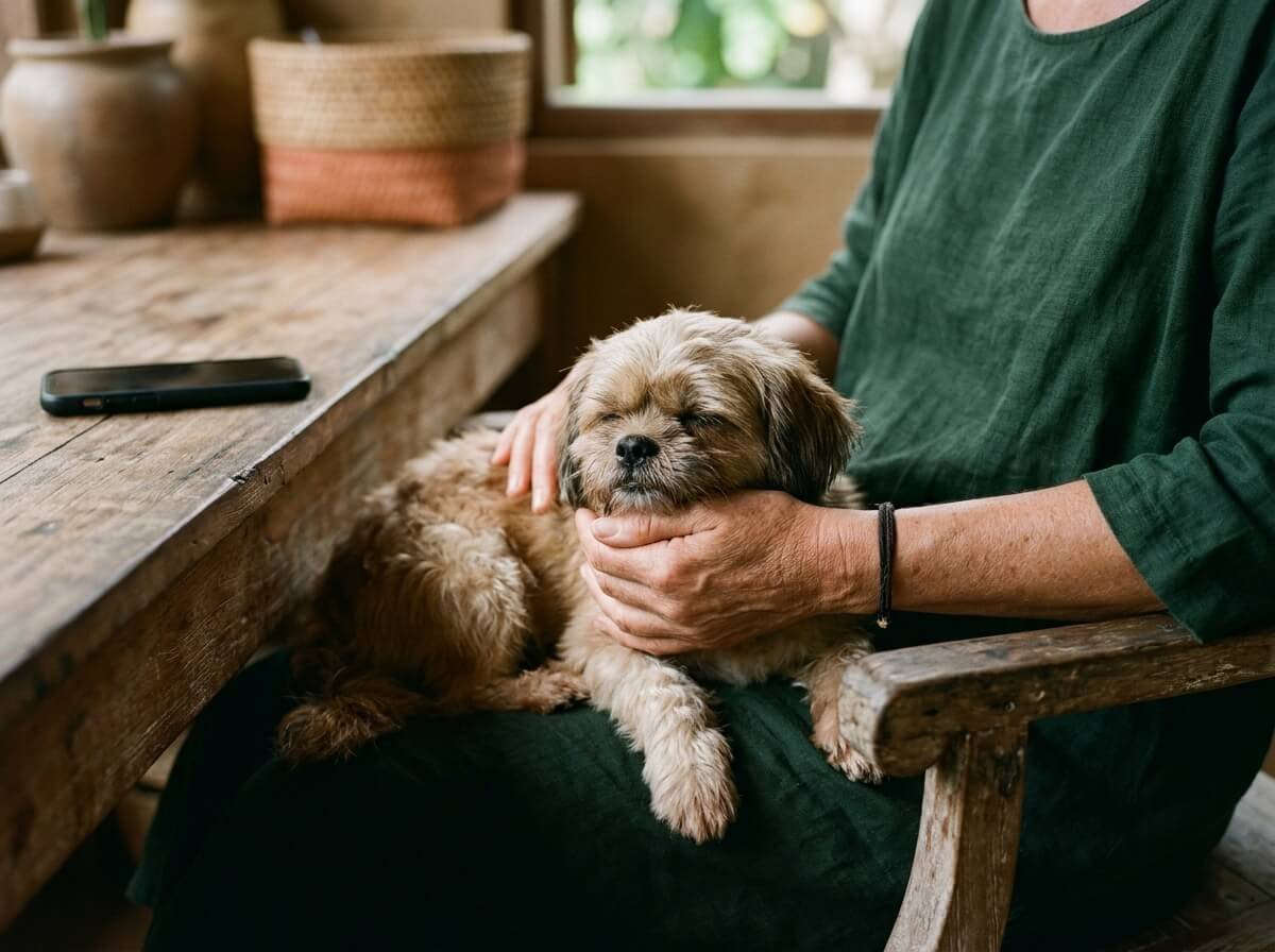 Holding a pet calmly while preparing to call the vet after a possible essential oil exposure