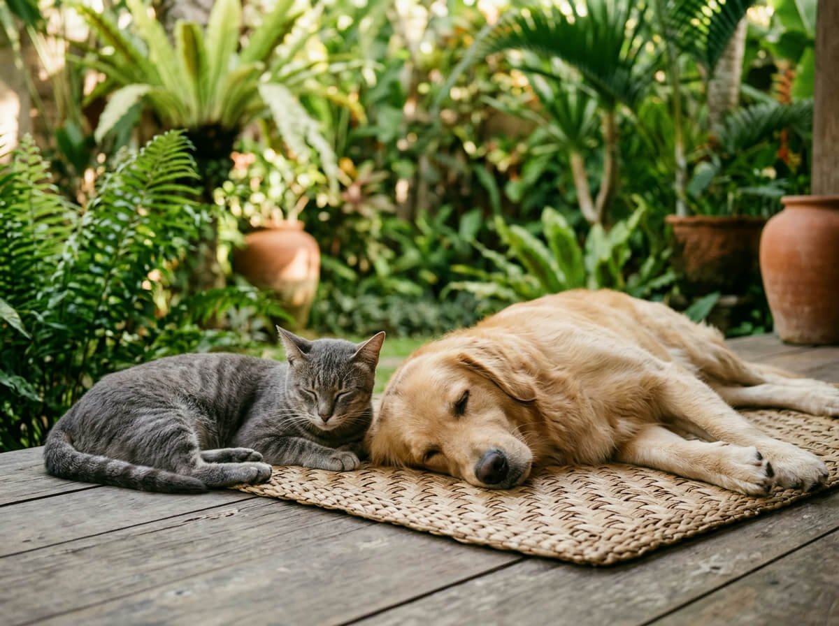 A cat and a dog resting together, two species that process essential oils very differently