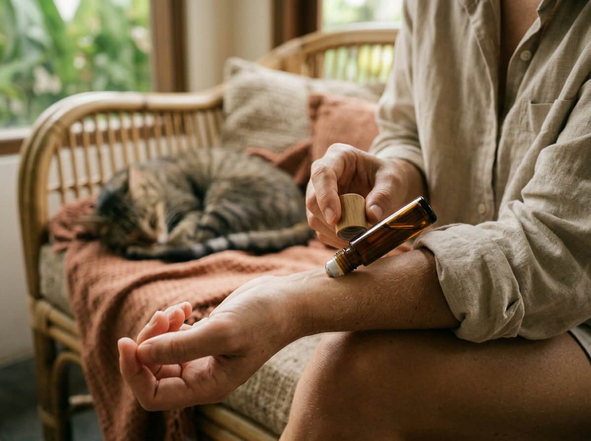 Using a pre-diluted roller on yourself, then washing hands before touching the cat