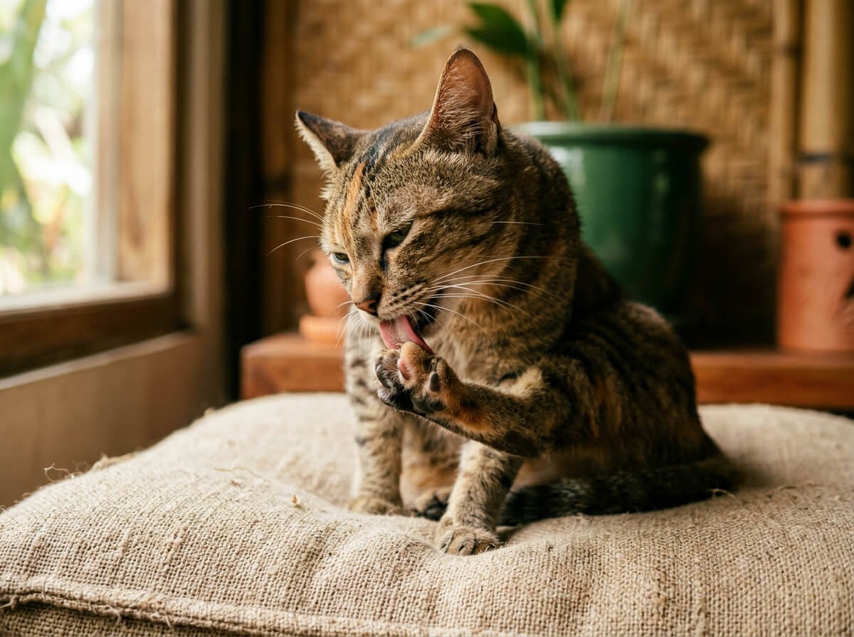 A cat grooming its paw, the main way airborne oil droplets on fur are swallowed