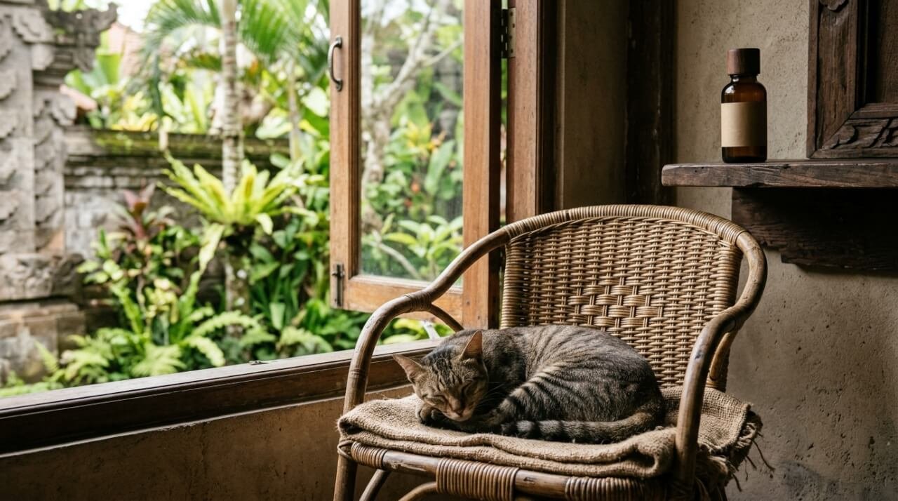 Essential oils safe for pets: a cat resting in a ventilated room with the oil bottle stored high on a shelf