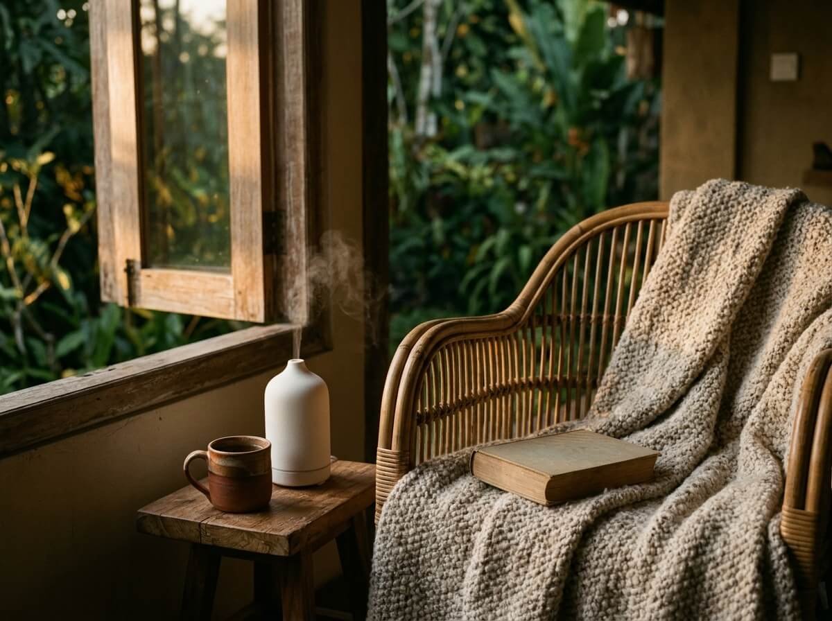Fall essential oil blends diffusing in a cozy reading corner as daylight shortens