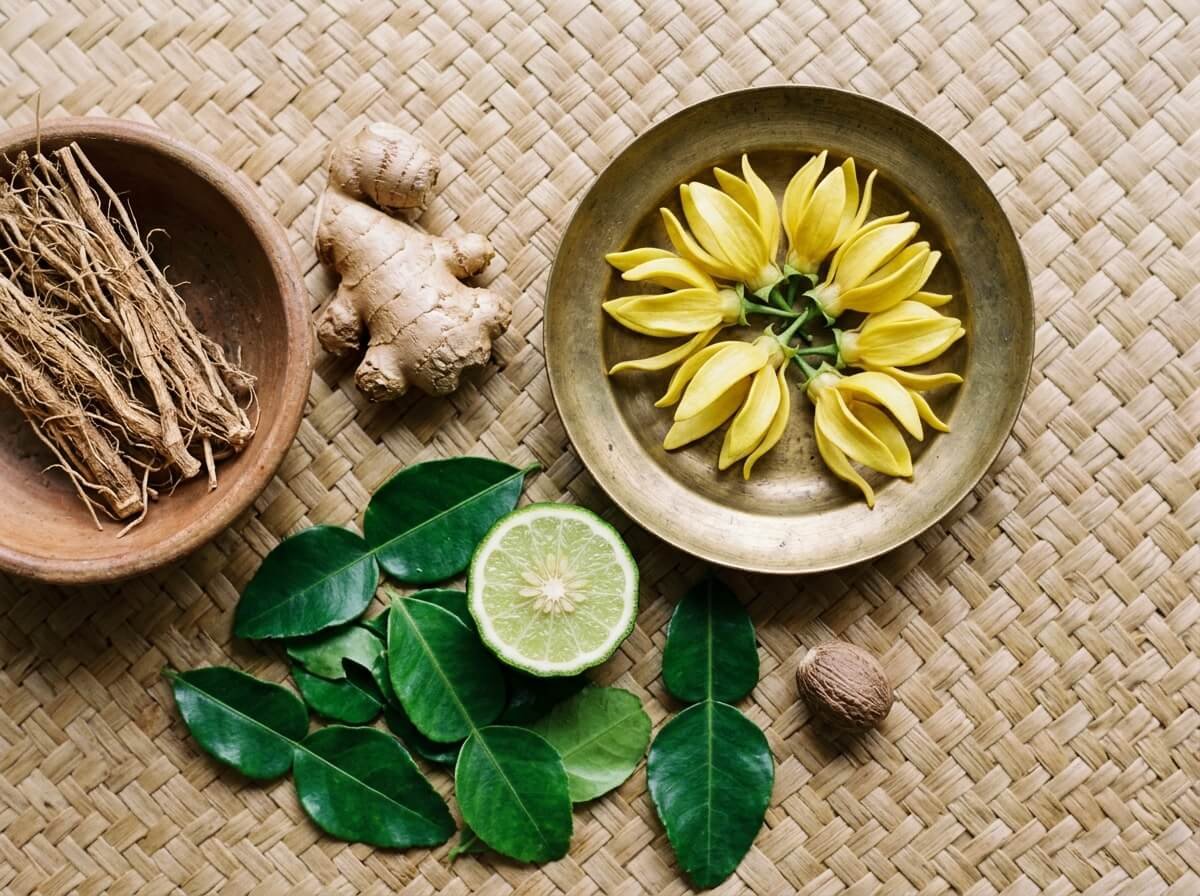 Kaffir lime leaves, vetiver root, ginger, and nutmeg as a Balinese fall aromatherapy palette