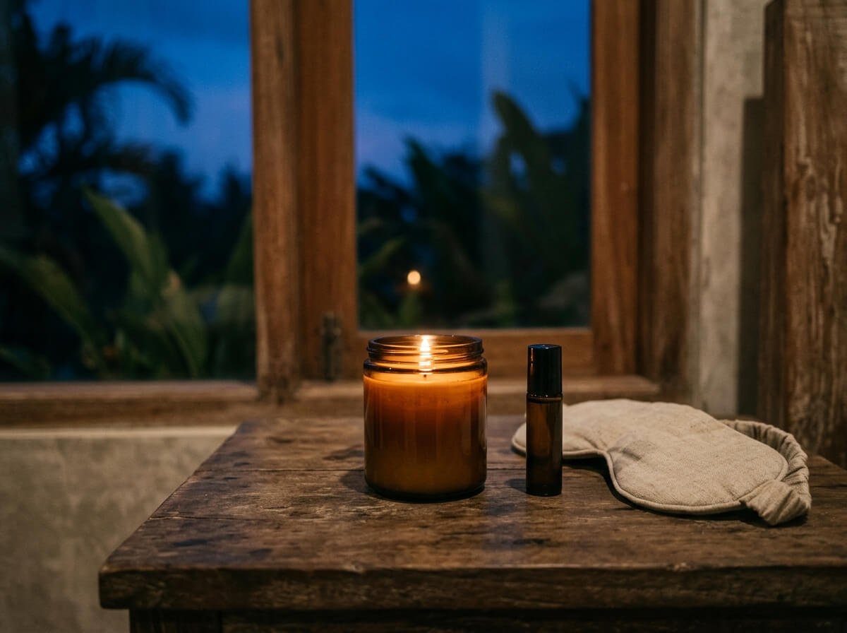 An evening fall aromatherapy ritual with a soy candle and roller bottle at dusk