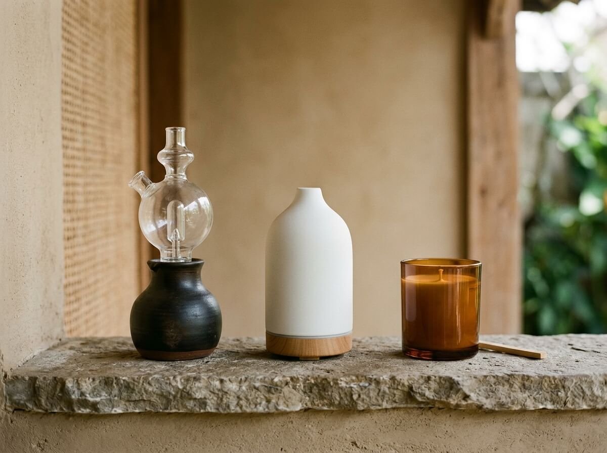 A nebulizing diffuser, an ultrasonic diffuser, and a soy candle for different fall blend methods