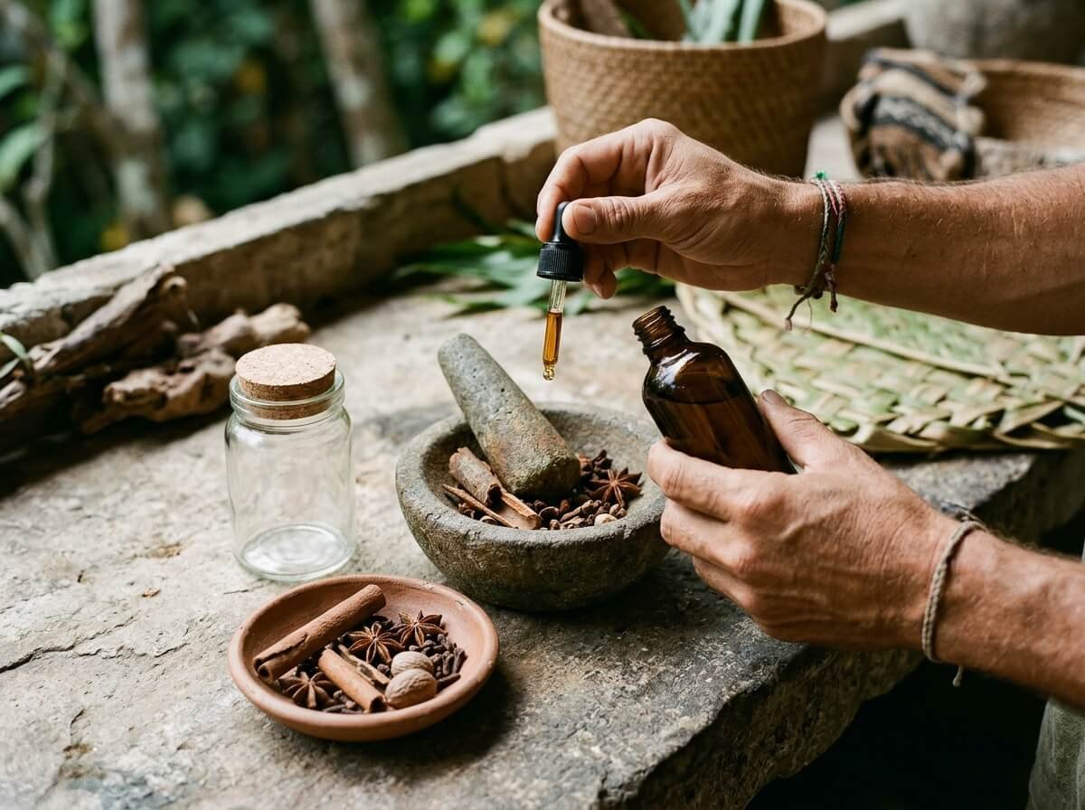 Hands comparing a pure essential oil bottle with whole spices on stone