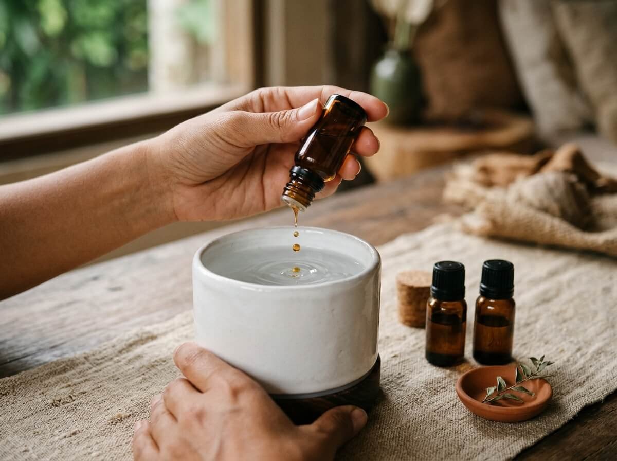Adding drops of a fall essential oil blend recipe to a diffuser