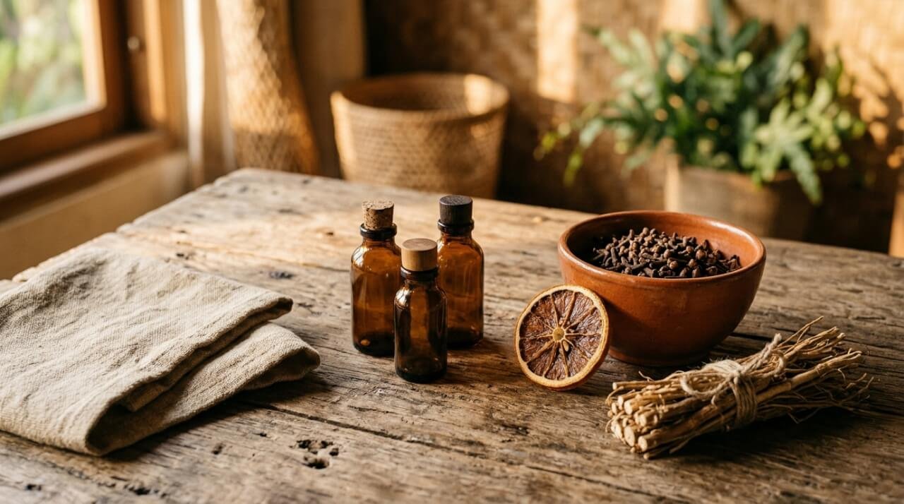 Fall essential oil blends with amber bottles, cloves, and vetiver root on a teak table