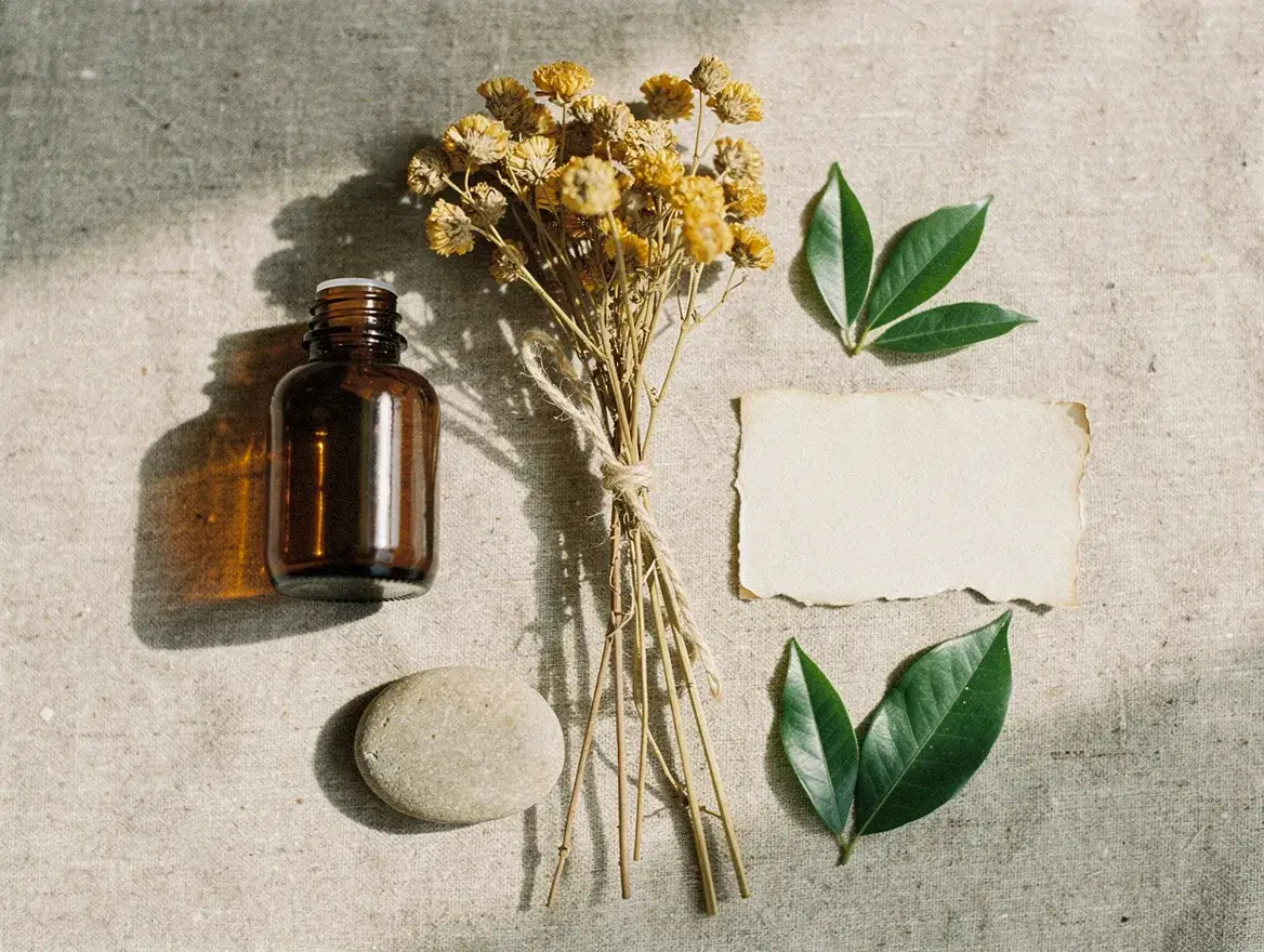 Dried immortelle flowers and amber bottle for helichrysum questions and answers