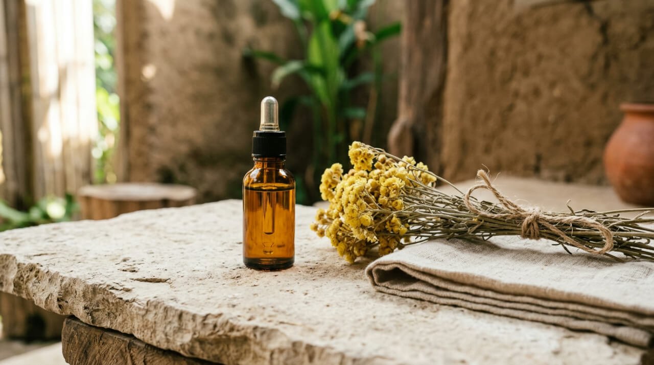 Helichrysum oil benefits for skin: amber dropper bottle beside dried immortelle flowers
