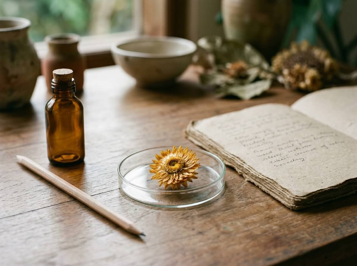 Helichrysum oil benefits for skin studied alongside a notebook and petri dish